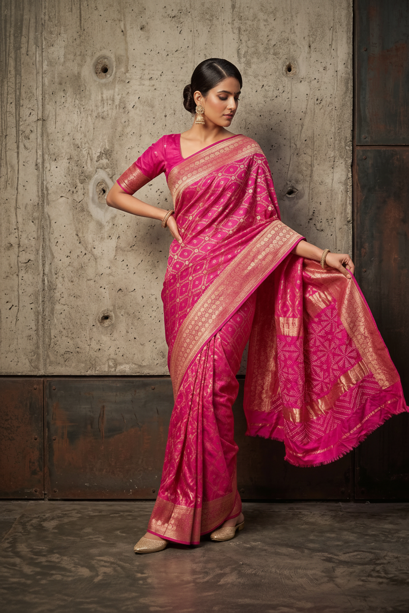 Hot Pink Zari Woven Banarasi Silk Saree