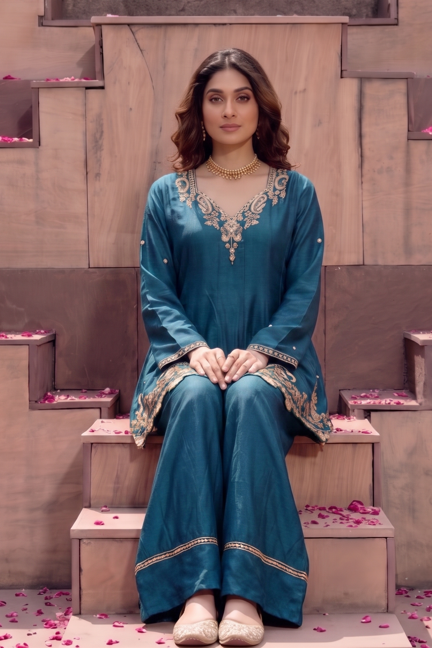 Teal Blue Embellished Crepe Silk Palazzo Set