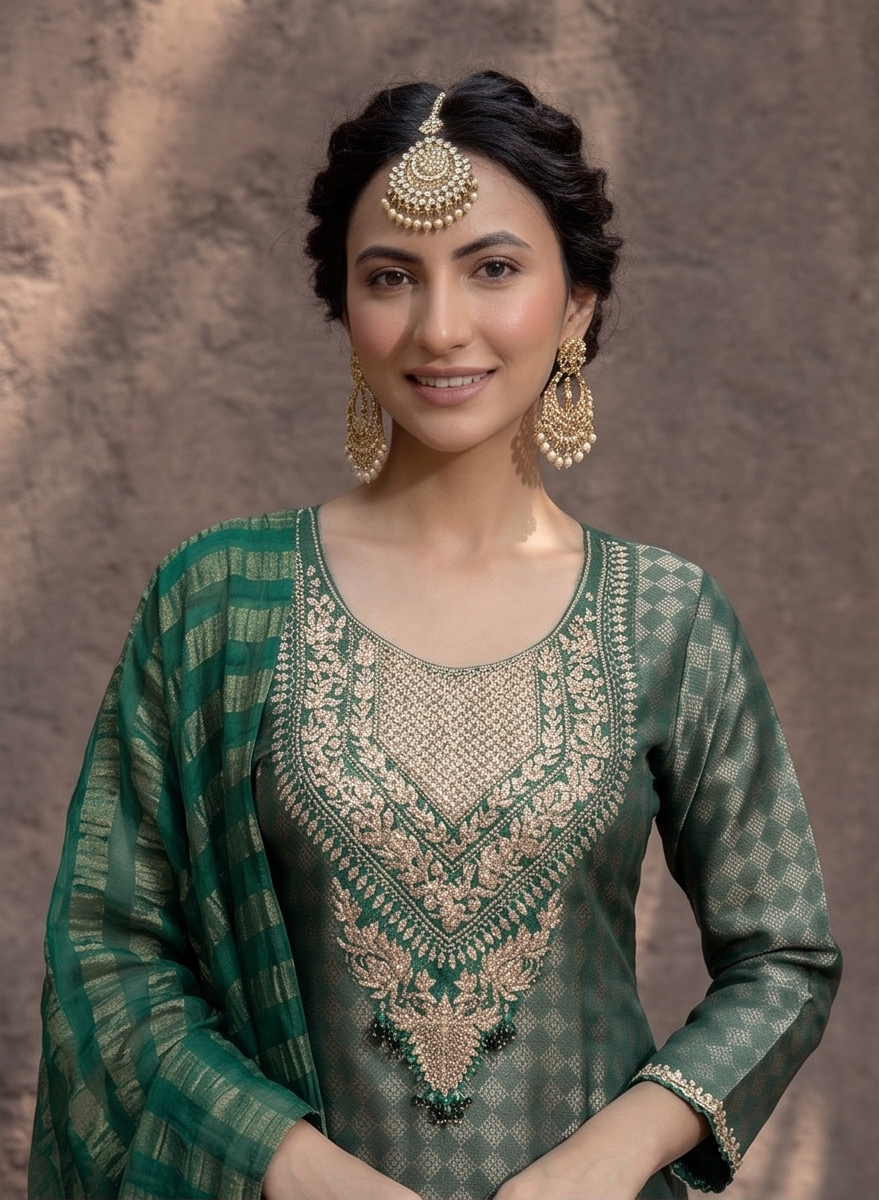 Emerald Green Embellished Shimmer Tissue Silk Palazzo Set