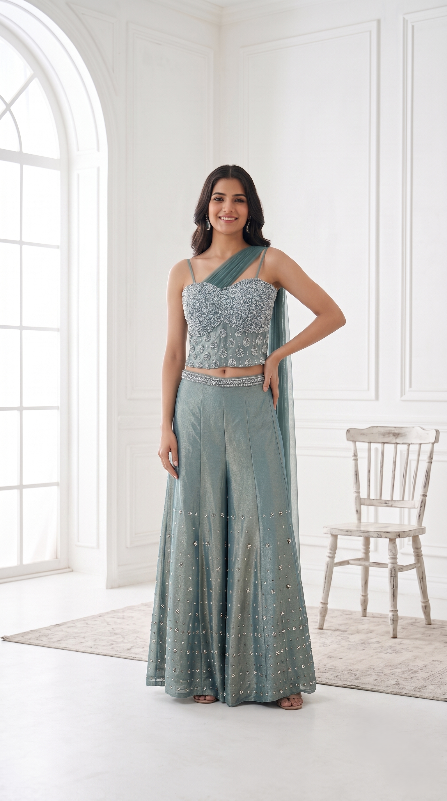 Sage Blue Embellished Tissue Silk Palazzo Set