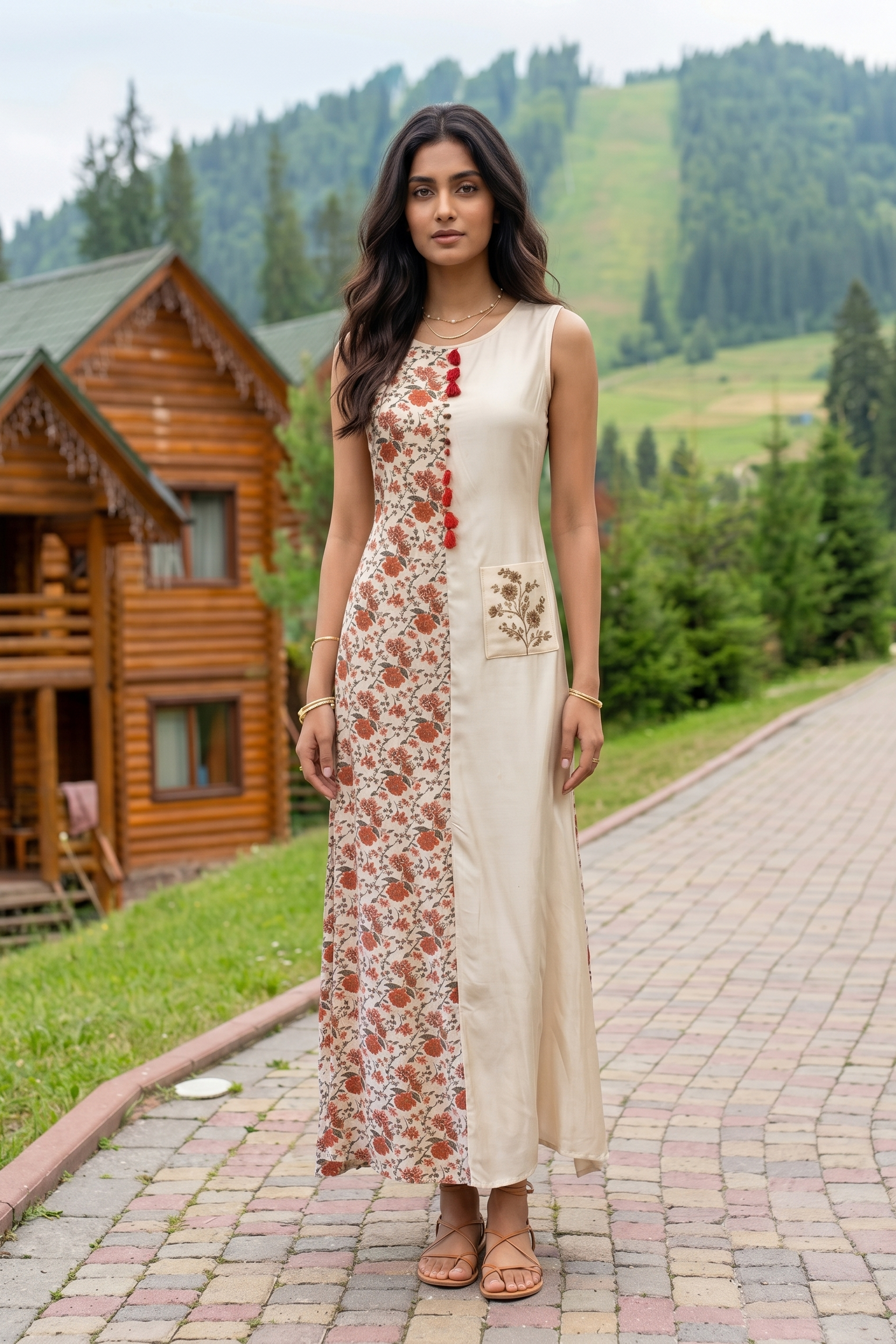 Ivory Half-Bloom Printed Muslin Silk Midi Dress