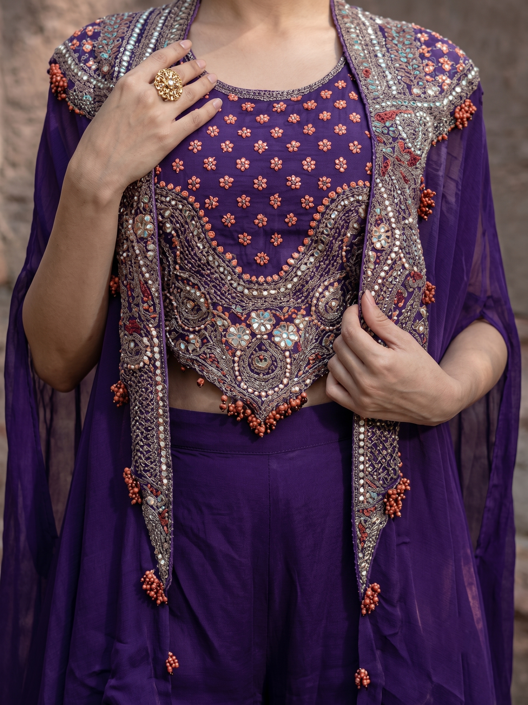 Royal Purple Embellished Chinon Silk Cape Set