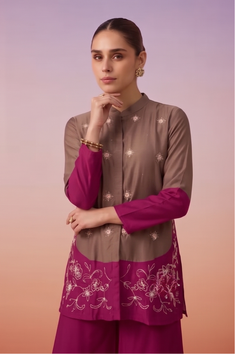 Brown & Magenta Embellished Crepe Silk Co-ord Set