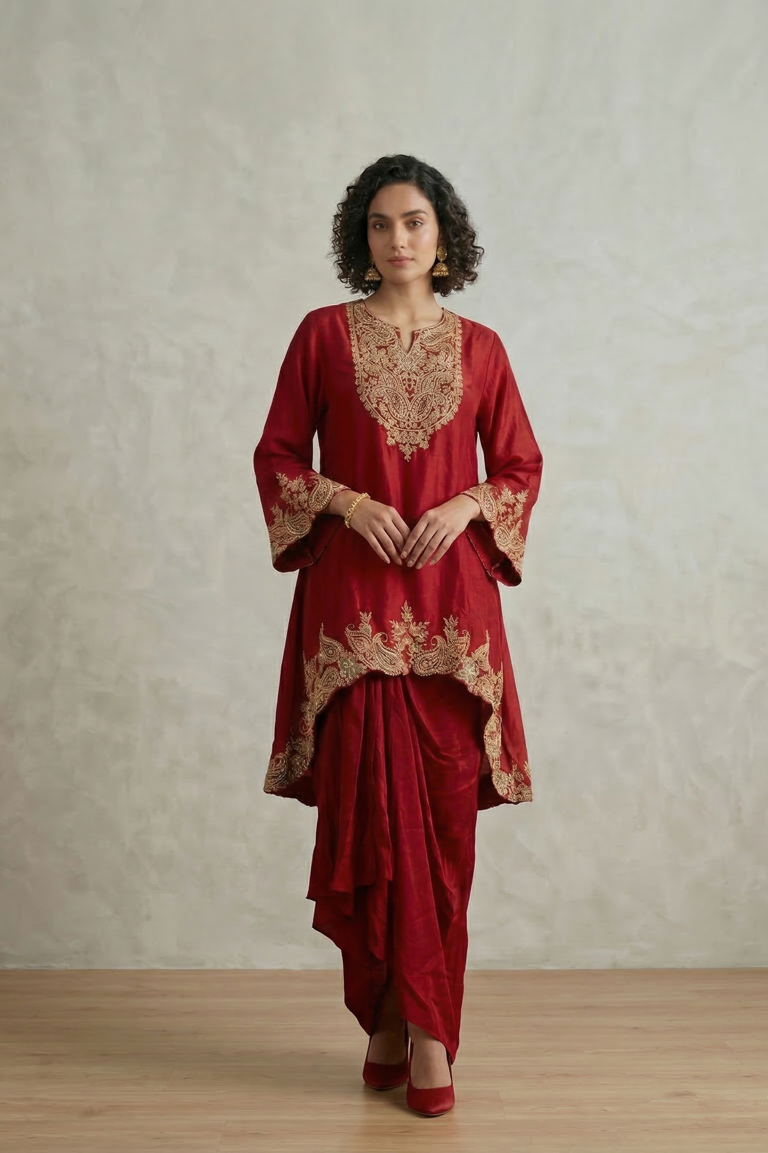 Crimson Red Embellished Raw Silk Skirt Set