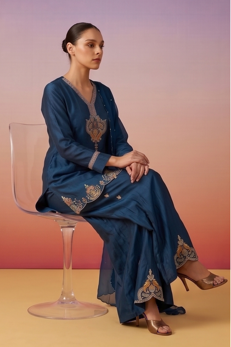 Dark Ink Blue Embellished Crepe Silk Palazzo Set