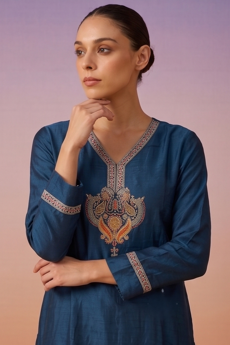 Dark Ink Blue Embellished Crepe Silk Palazzo Set