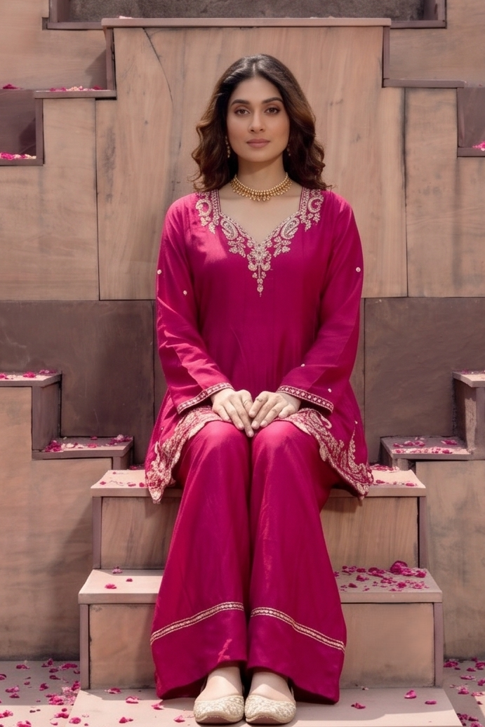 Magenta Luxe Embellished Crepe Silk Palazzo Set