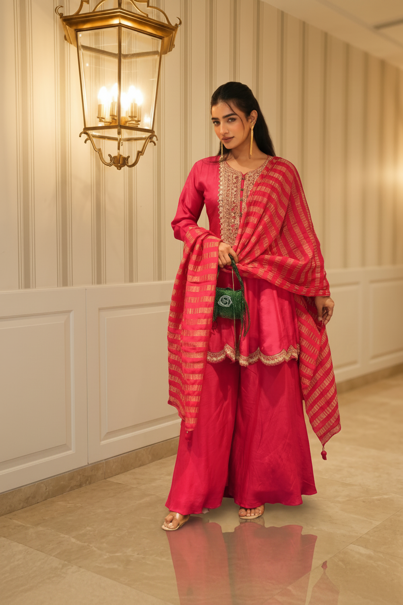 Fuchsia Grace Embellished Premium Silk Palazzo Set