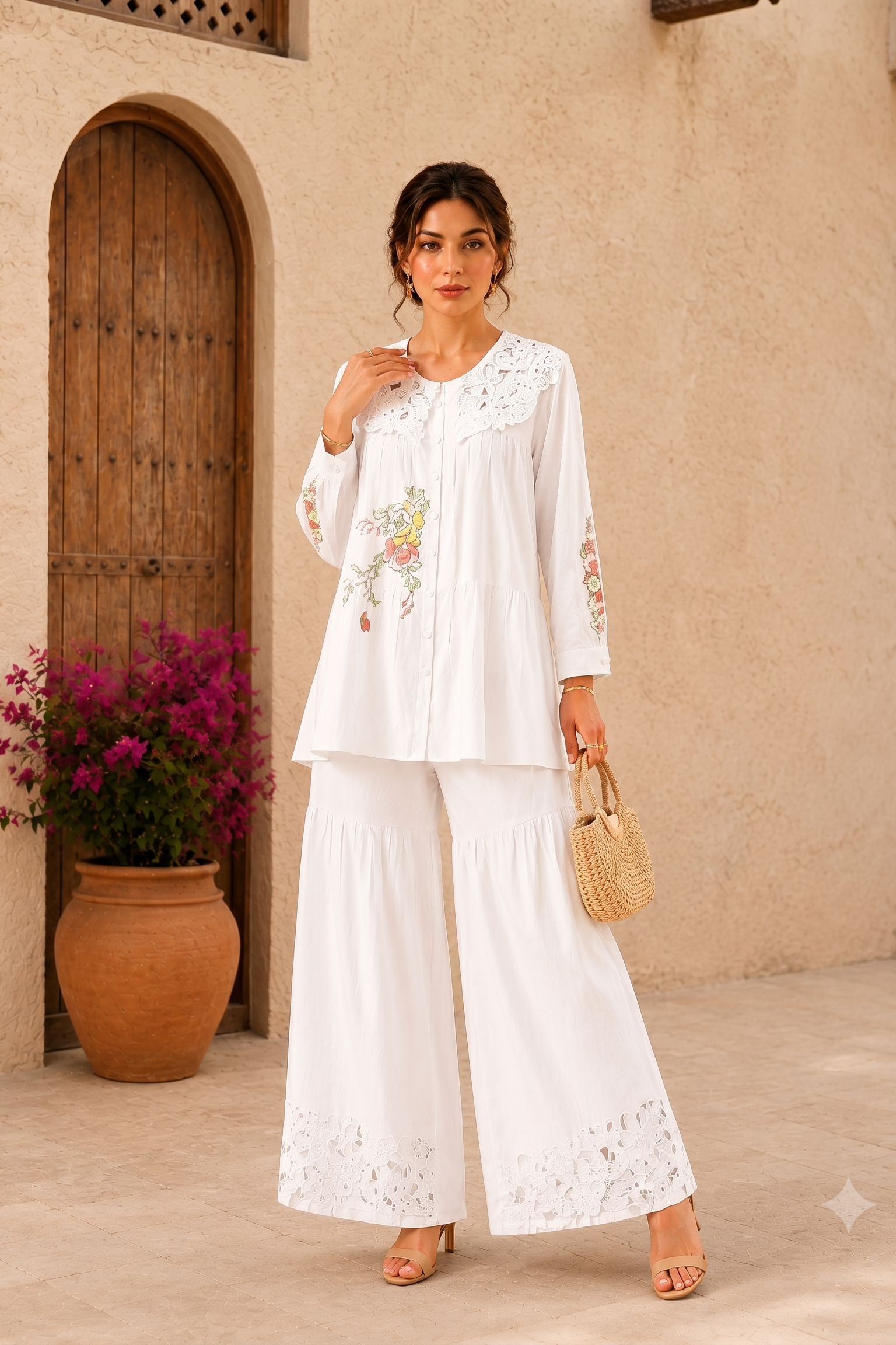 White Muse Embroidered Linen Co-Ord Set
