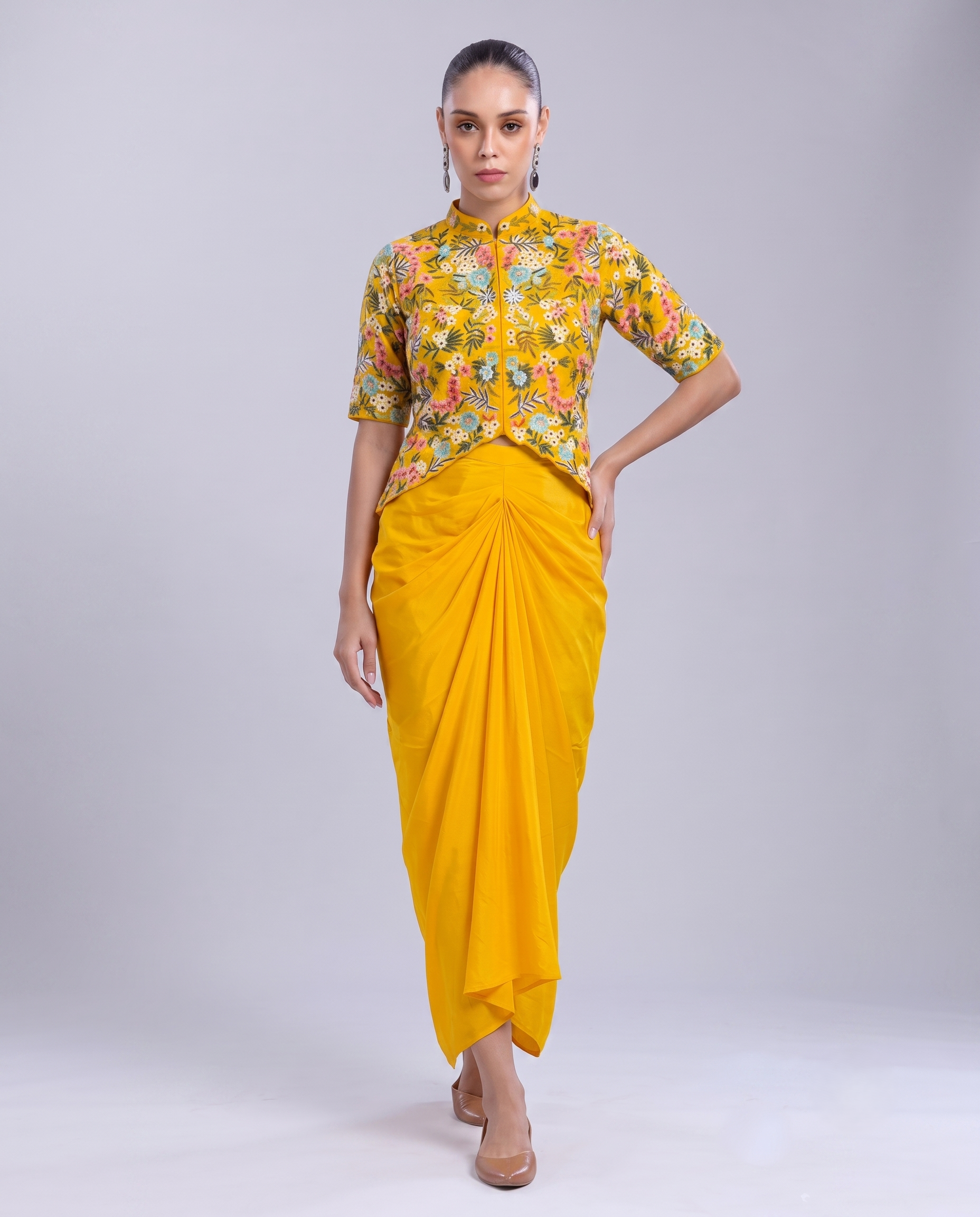Yellow Floral Embellished Crepe Silk Skirt Set