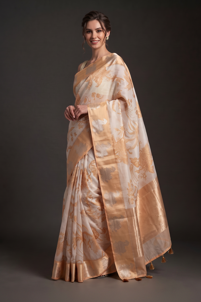 Muted Gold Printed Organza Silk Saree