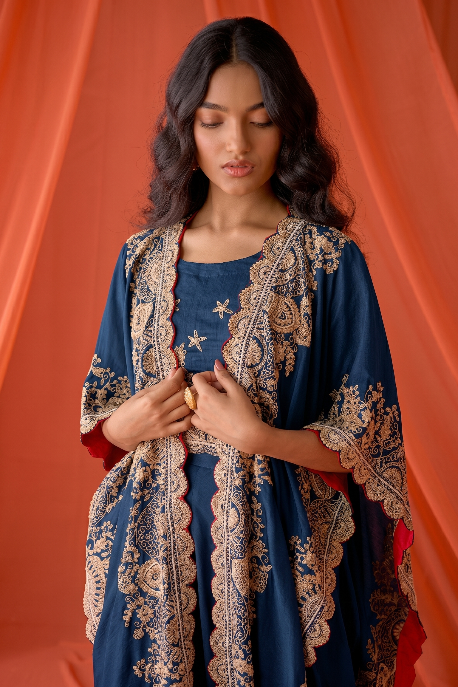 Deep Blue Embellished Raw Silk Cape Set