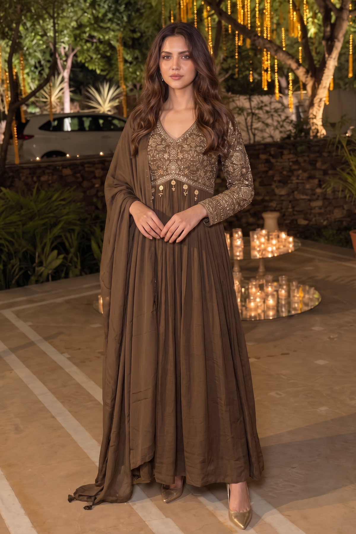 Dusty Mocha Embellished Georgette Silk Anarkali Set