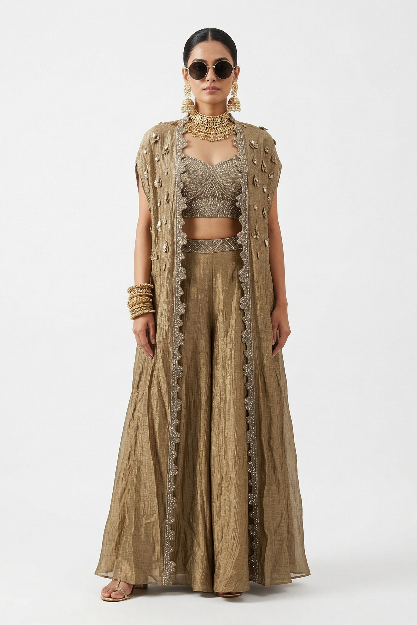 Gold Glided Embellished Shimmer Tissue Silk Cape Set