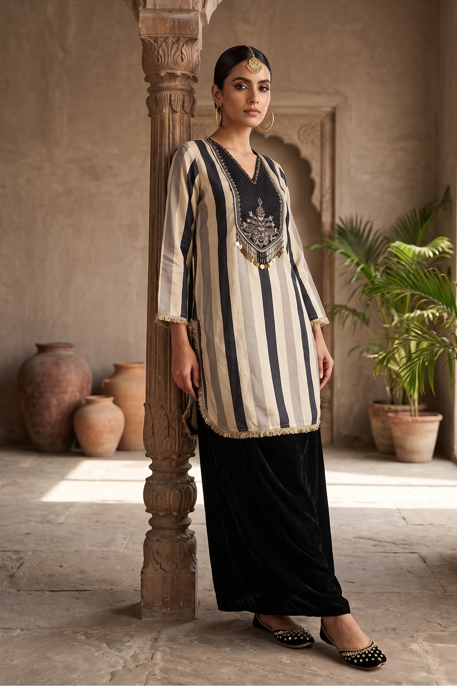 Black & Cream Striped Kurta Set