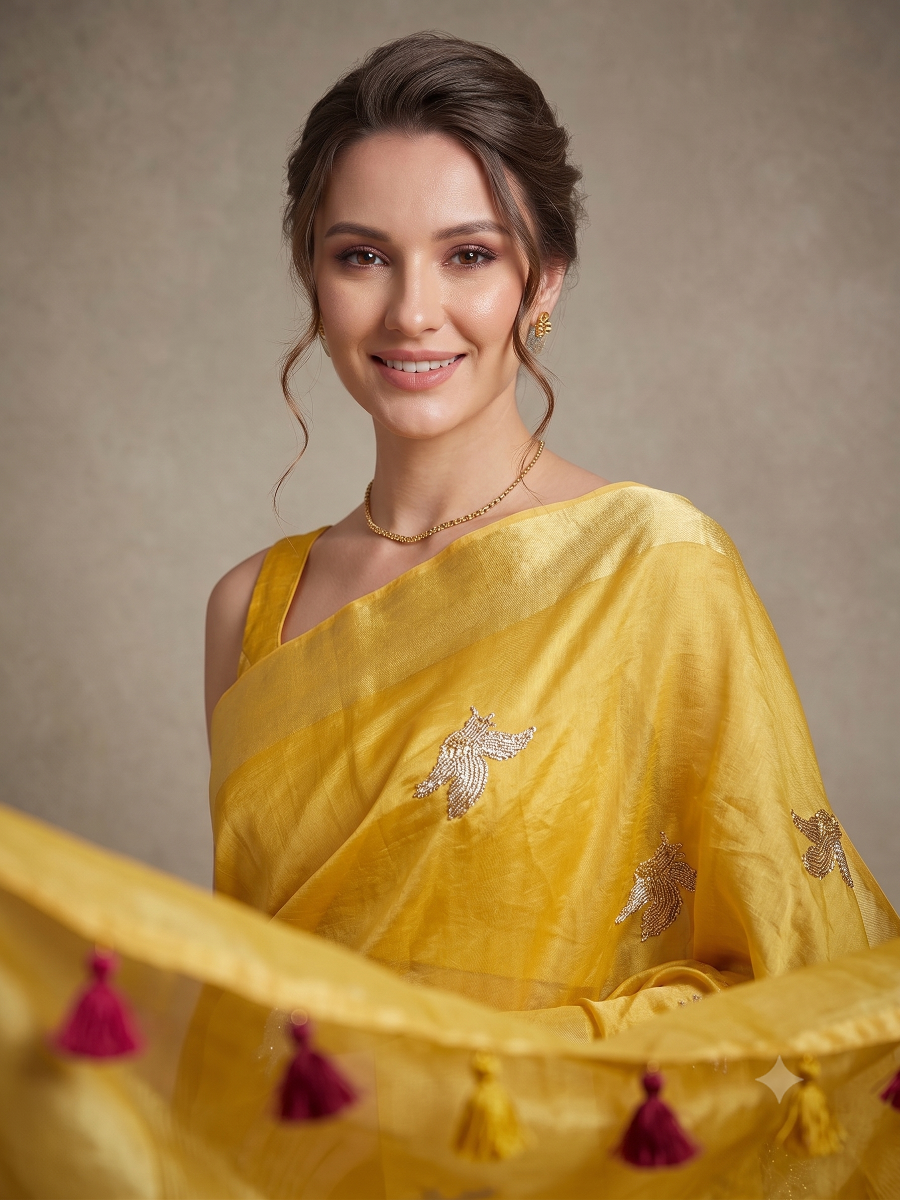 Bright Yellow Embroidered Organza Silk Saree