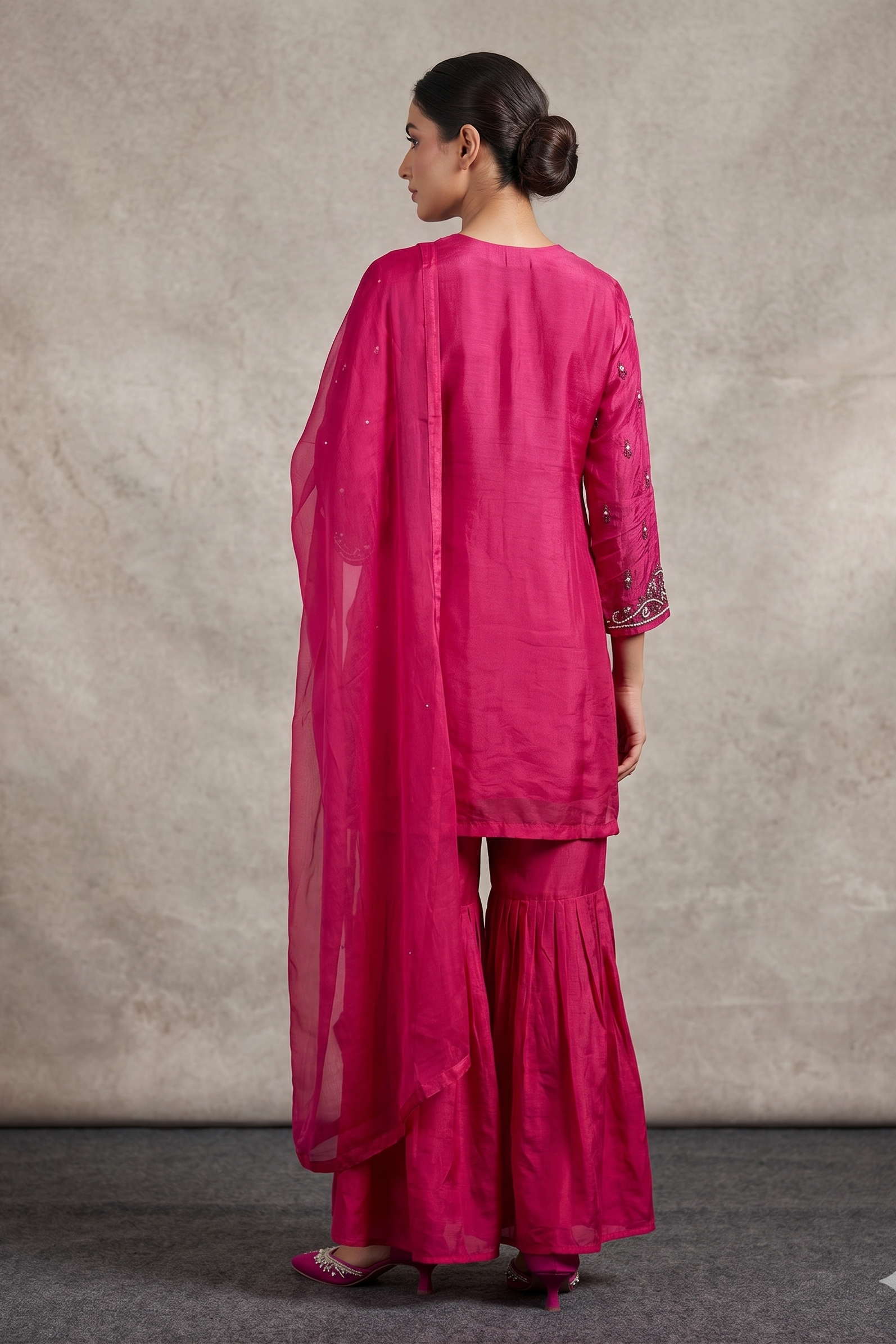 Fuchsia Pink Embellished Georgette Silk Sharara Set