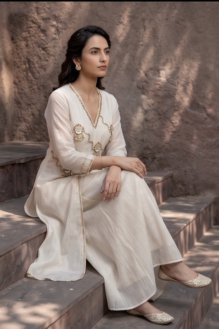Pristine Ivory Embellished Shimmer Tissue Silk Co-Ord Set