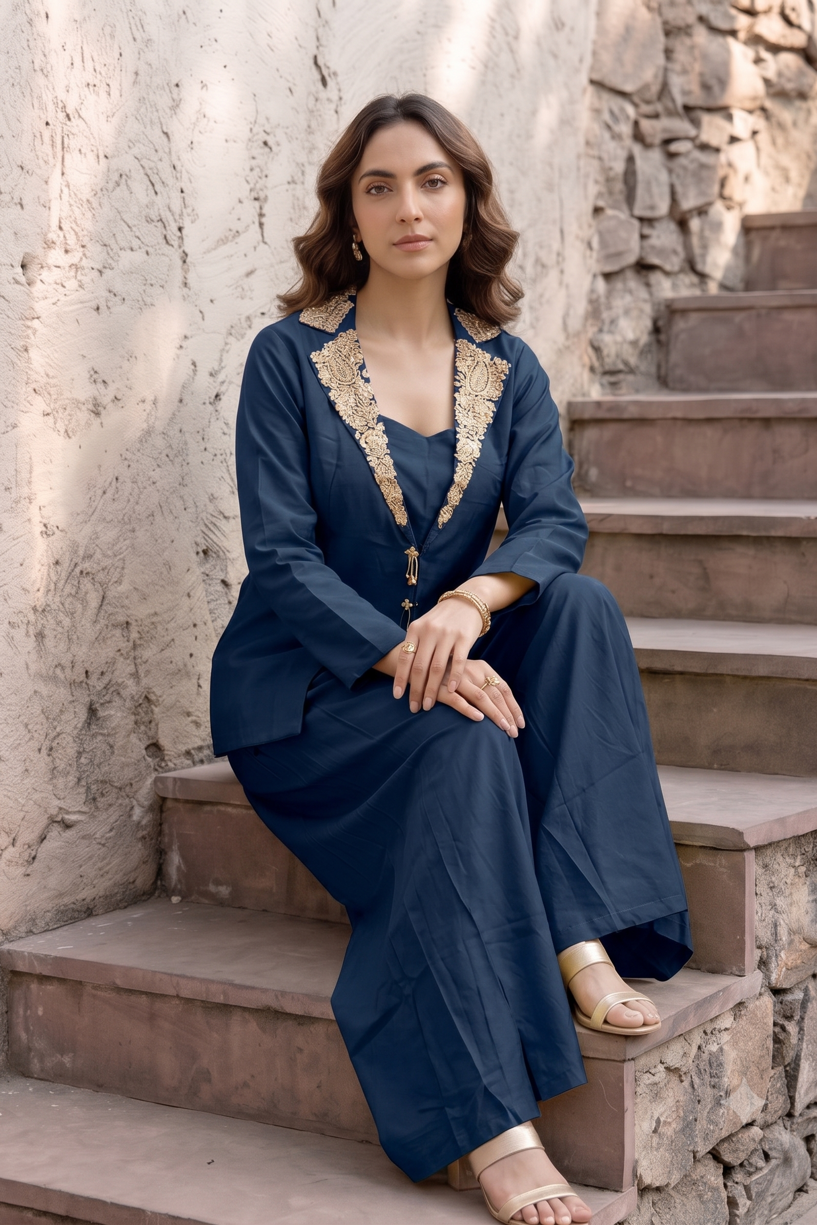 Navy Blue Embellished Dola Silk Palazzo Set