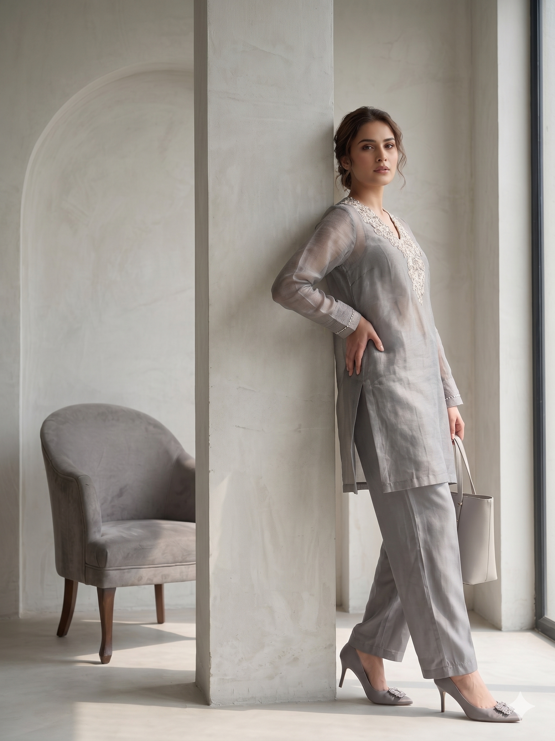Metallic Silver Grey Shimmer Tissue Silk Co-Ord Set