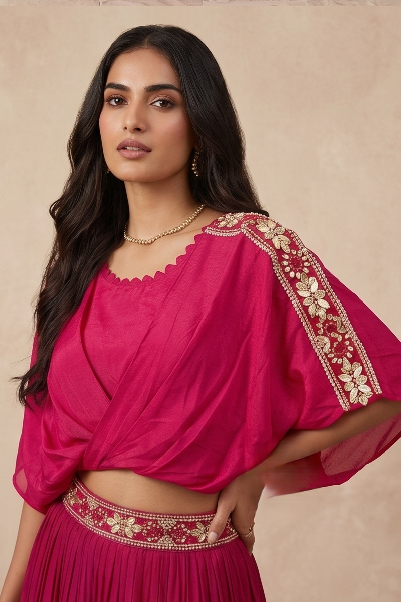 Rani Pink Embellished Crepe Silk Skirt Set