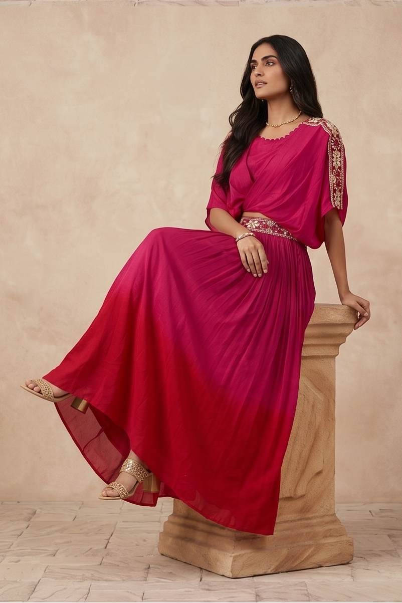 Rani Pink Embellished Crepe Silk Skirt Set