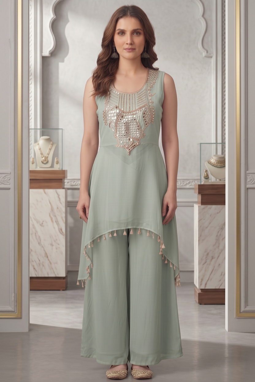 Sage Green Embellished Kora Silk Palazzo Set