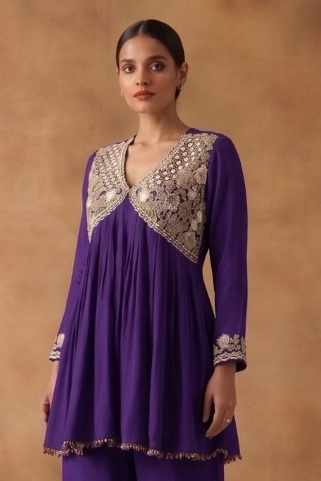 Deep Violet Embellished Chinon Silk Palazzo Set