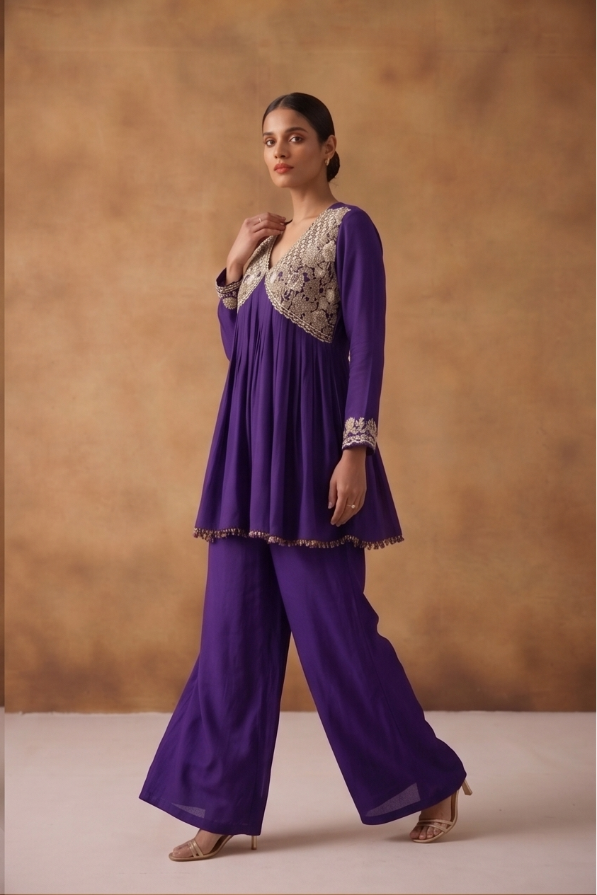 Deep Violet Embellished Chinon Silk Palazzo Set