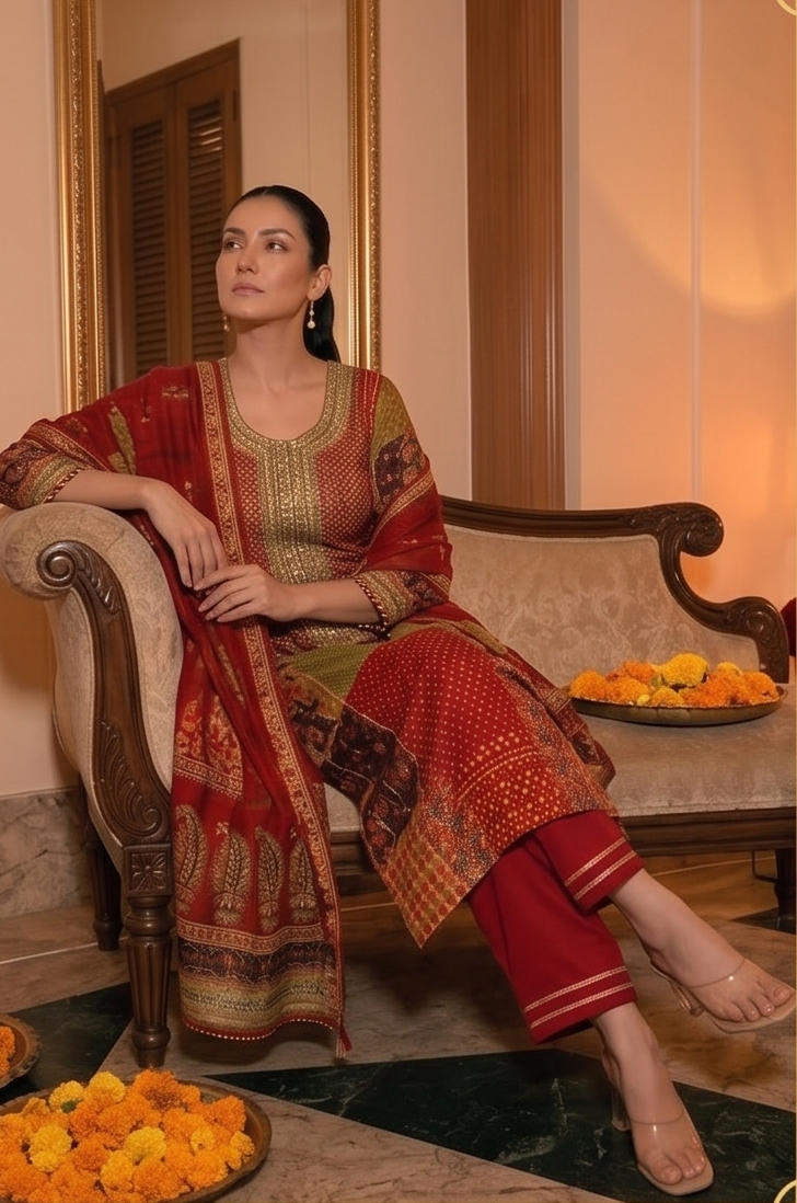 Vibrant Crimson Red Embellished Muslin Silk Pant Set