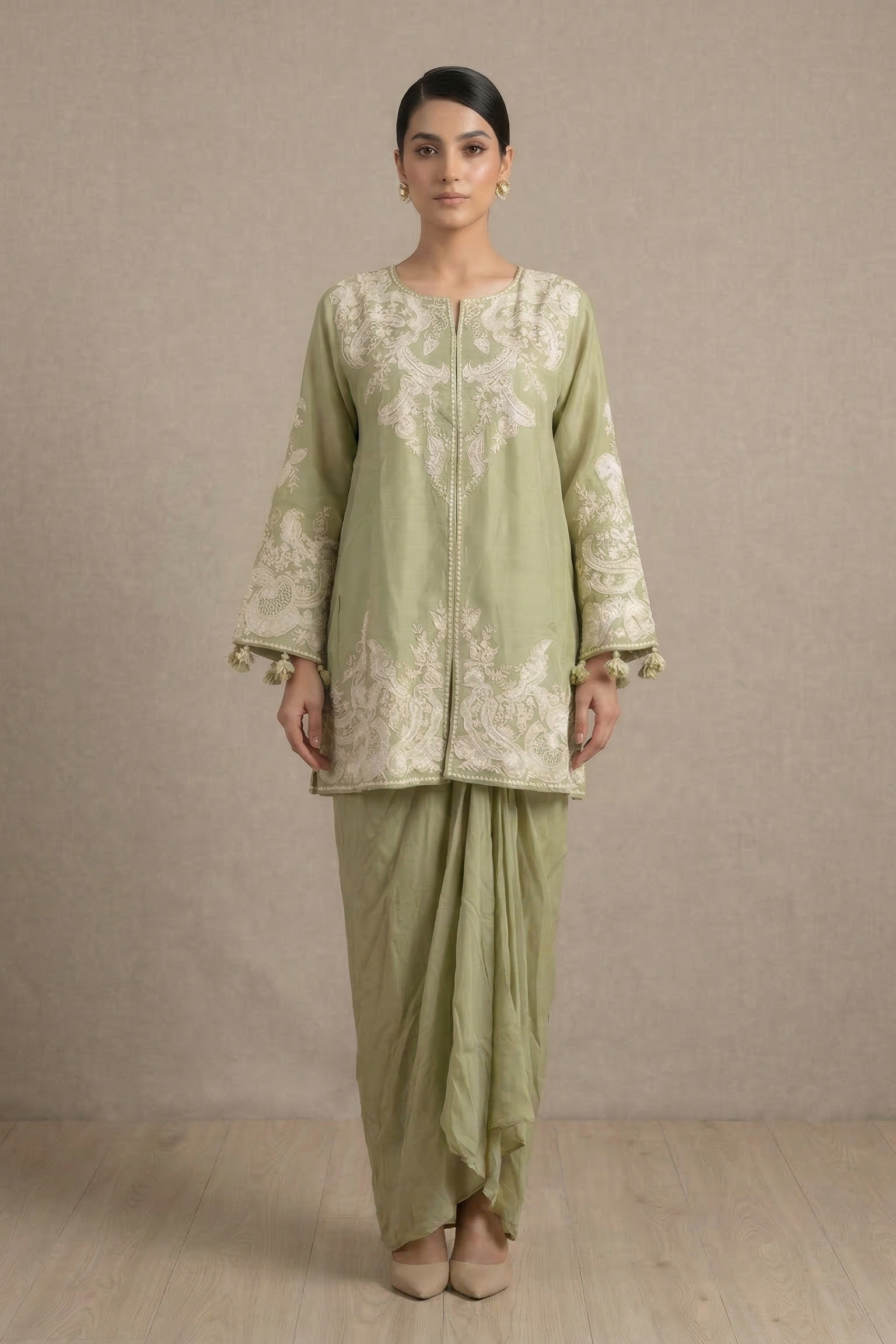 Sage Green Embroidered Raw Silk Draped Skirt Set