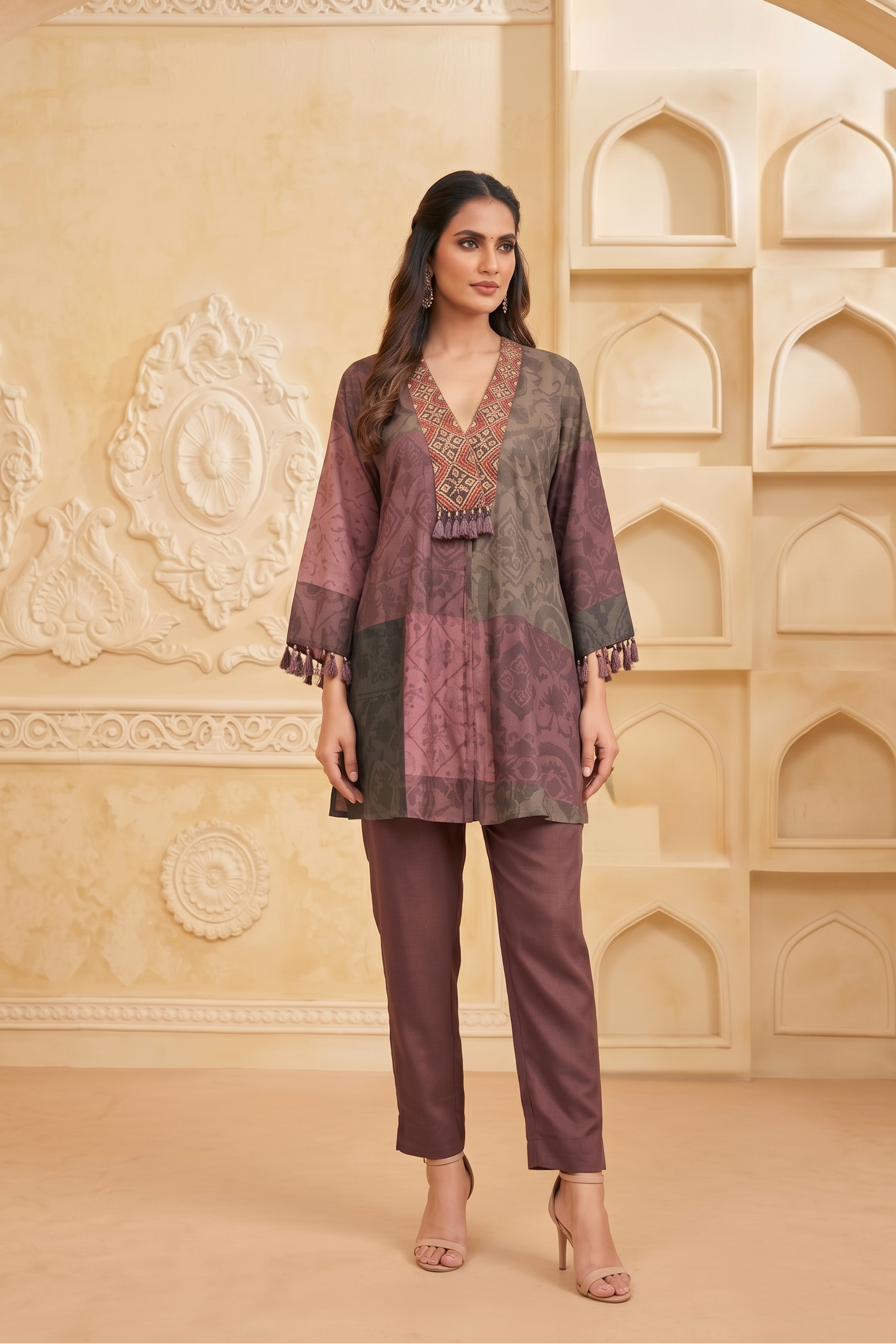 Mauve Mosaic Printed Dola Silk Kurta Set