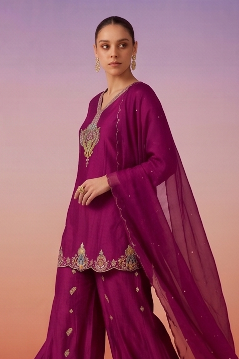 Deep Magenta Embellished Crepe Silk Palazzo Set