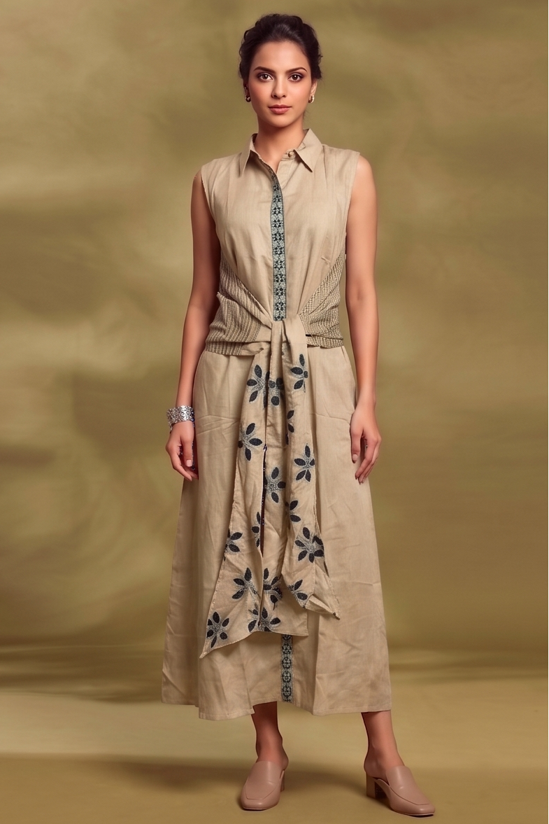 Ivory Beige Printed Bamboo Linen Dress