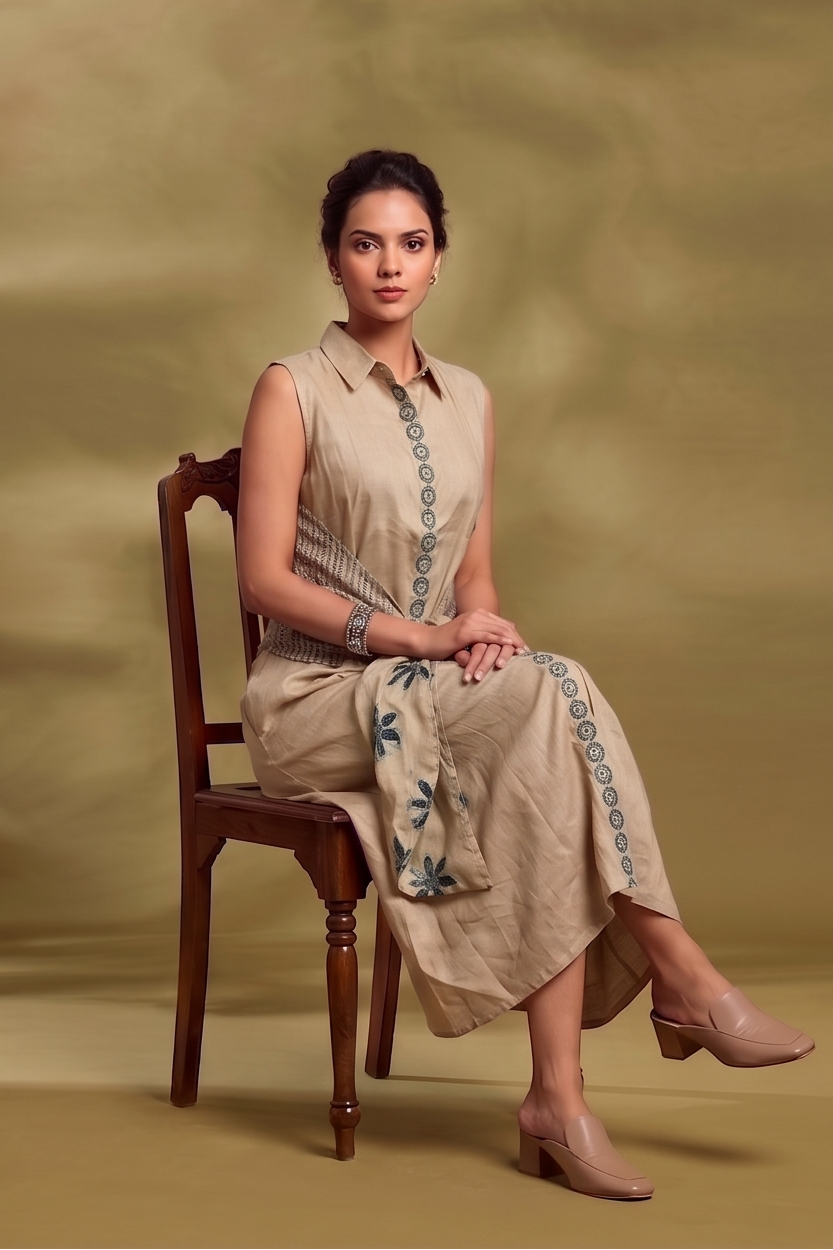 Ivory Beige Printed Bamboo Linen Dress