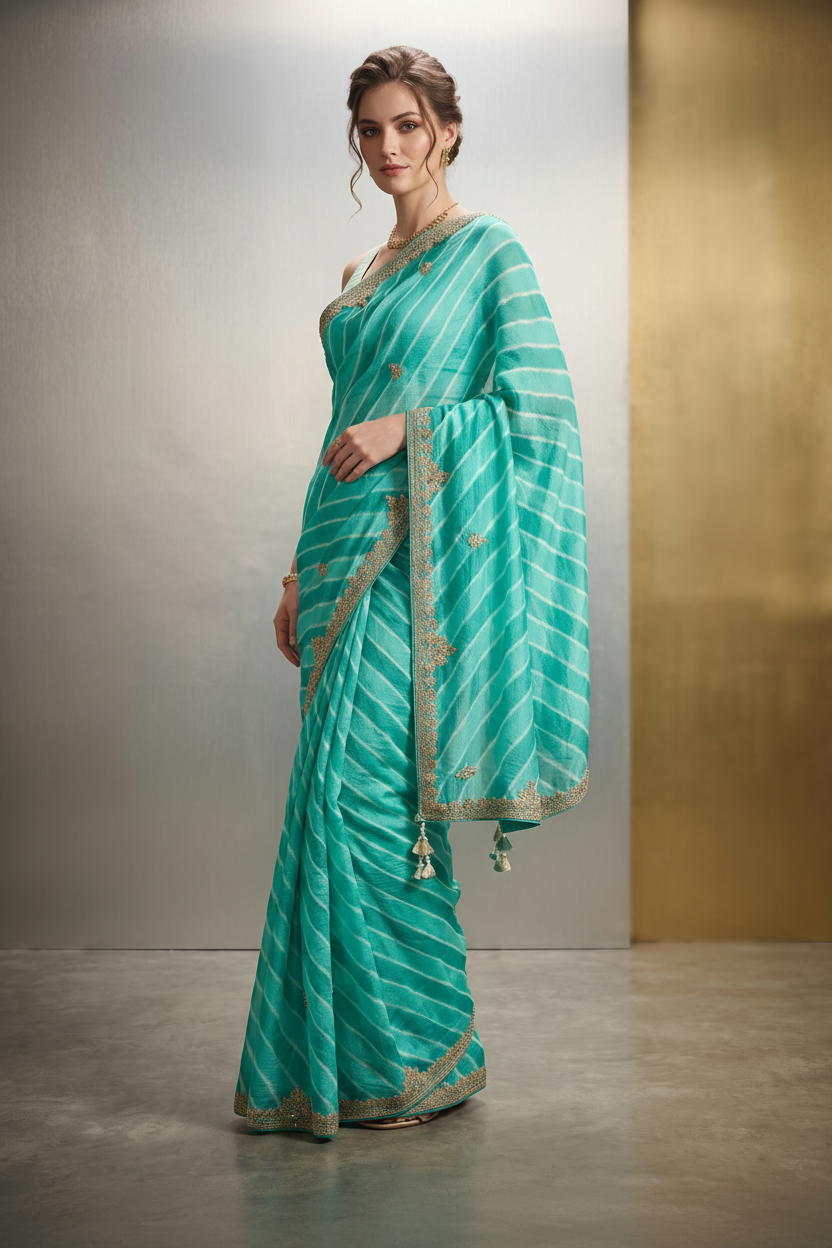 Teal Green Embellished Tussar Silk Leheriya Saree