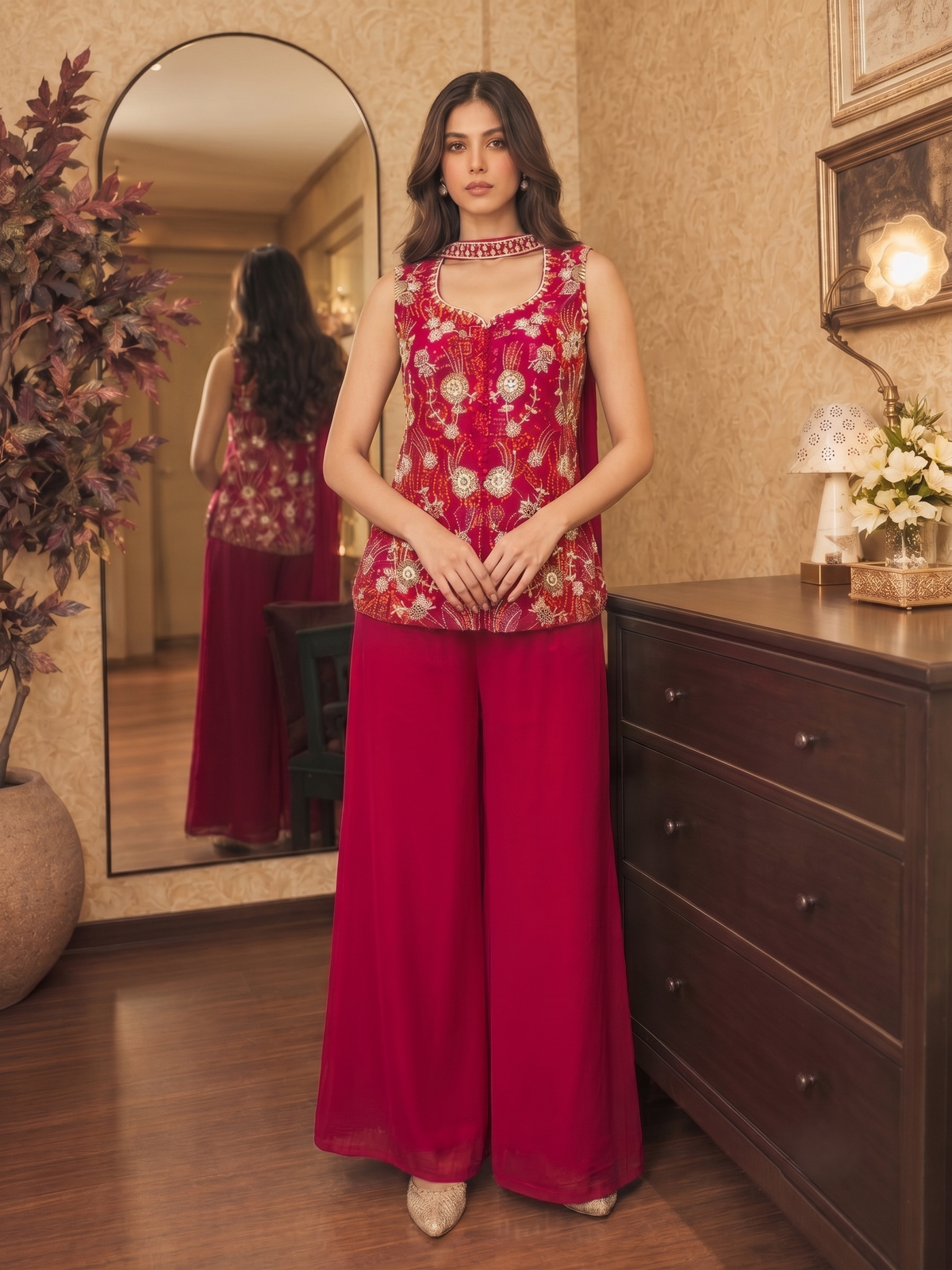 Hot Pink Embellished Crepe Silk Palazzo Set