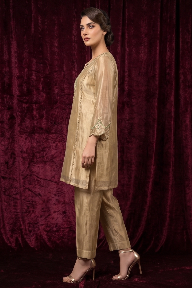 Sand Beige Embellished Shimmer Organza Silk Co-Ord Set