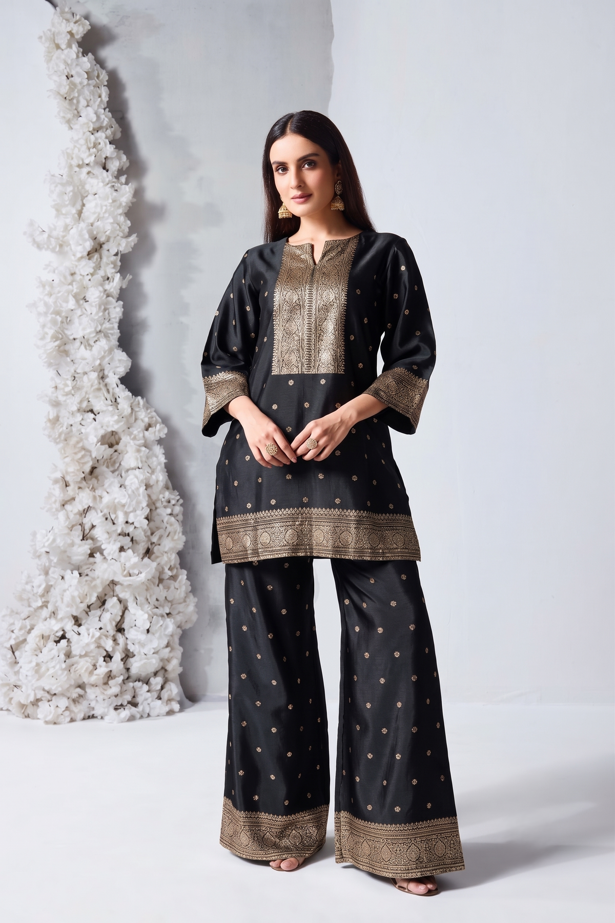 Jet Black Embellished Viscose Silk Co-Ord Set
