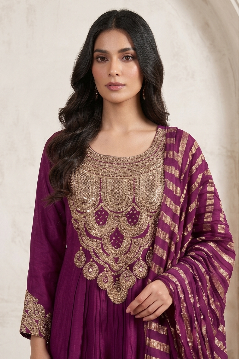 Deep Violet Embellished Chinon Silk Anarkali Set