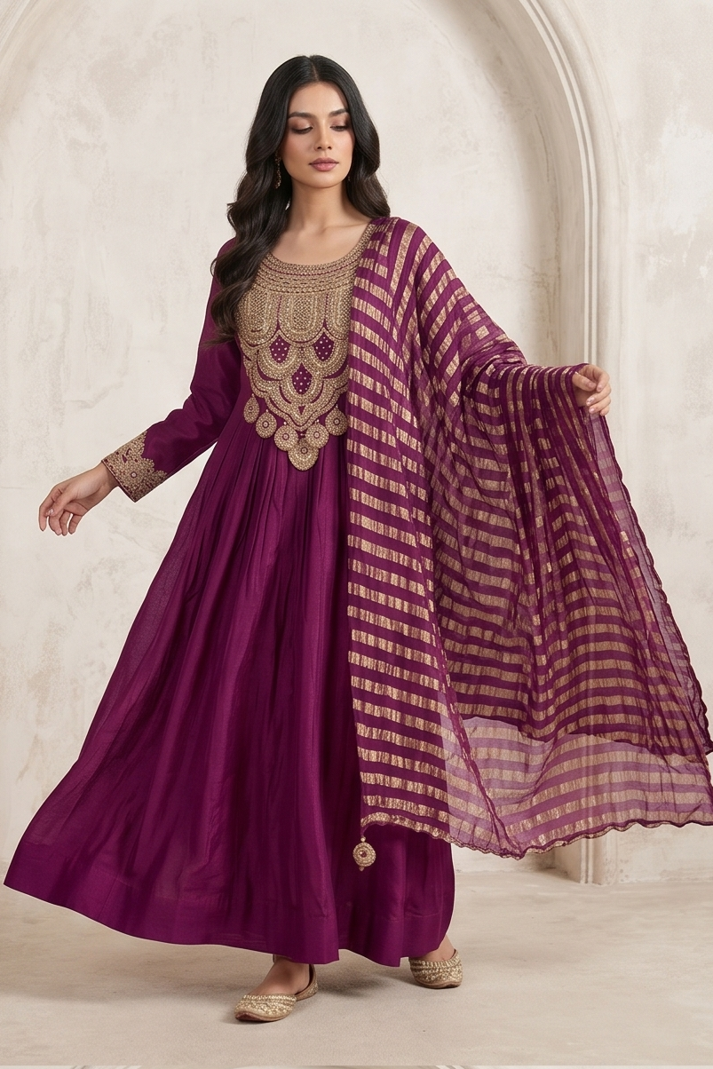 Deep Violet Embellished Chinon Silk Anarkali Set
