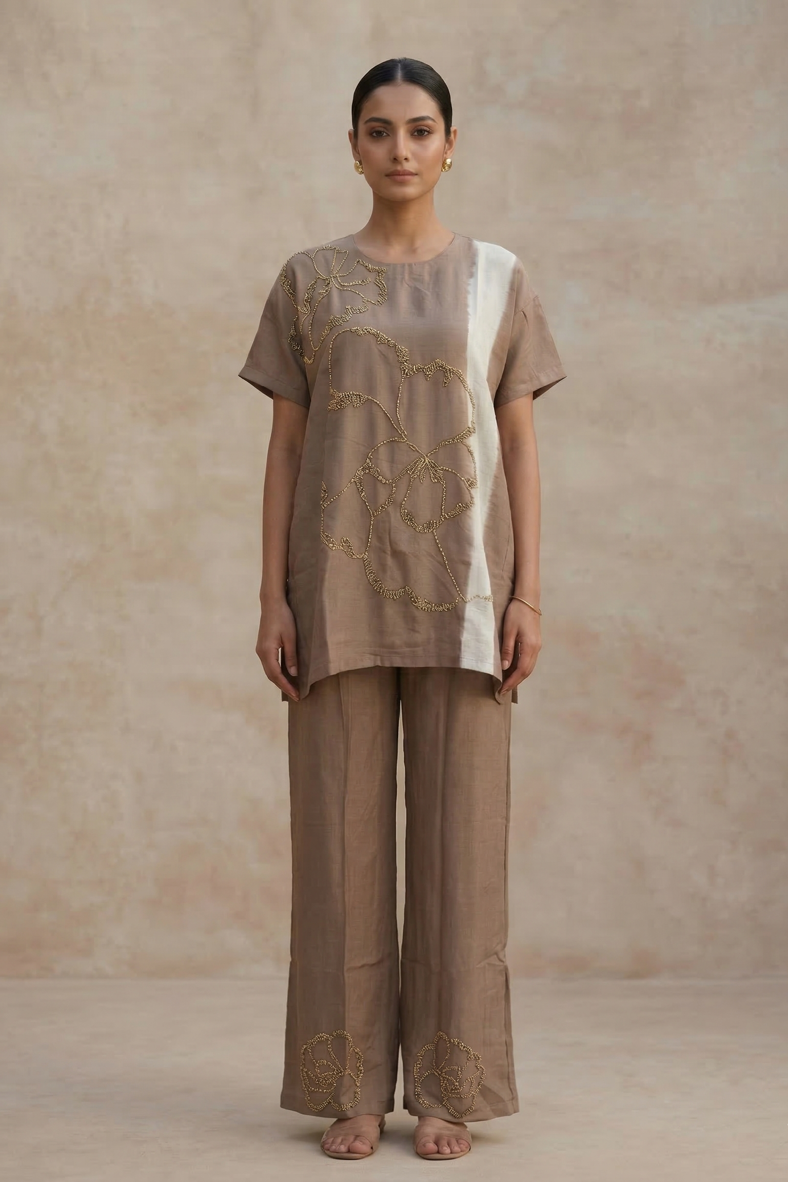 Mocha Brown Embroidered Raw Silk Co-Ord Set