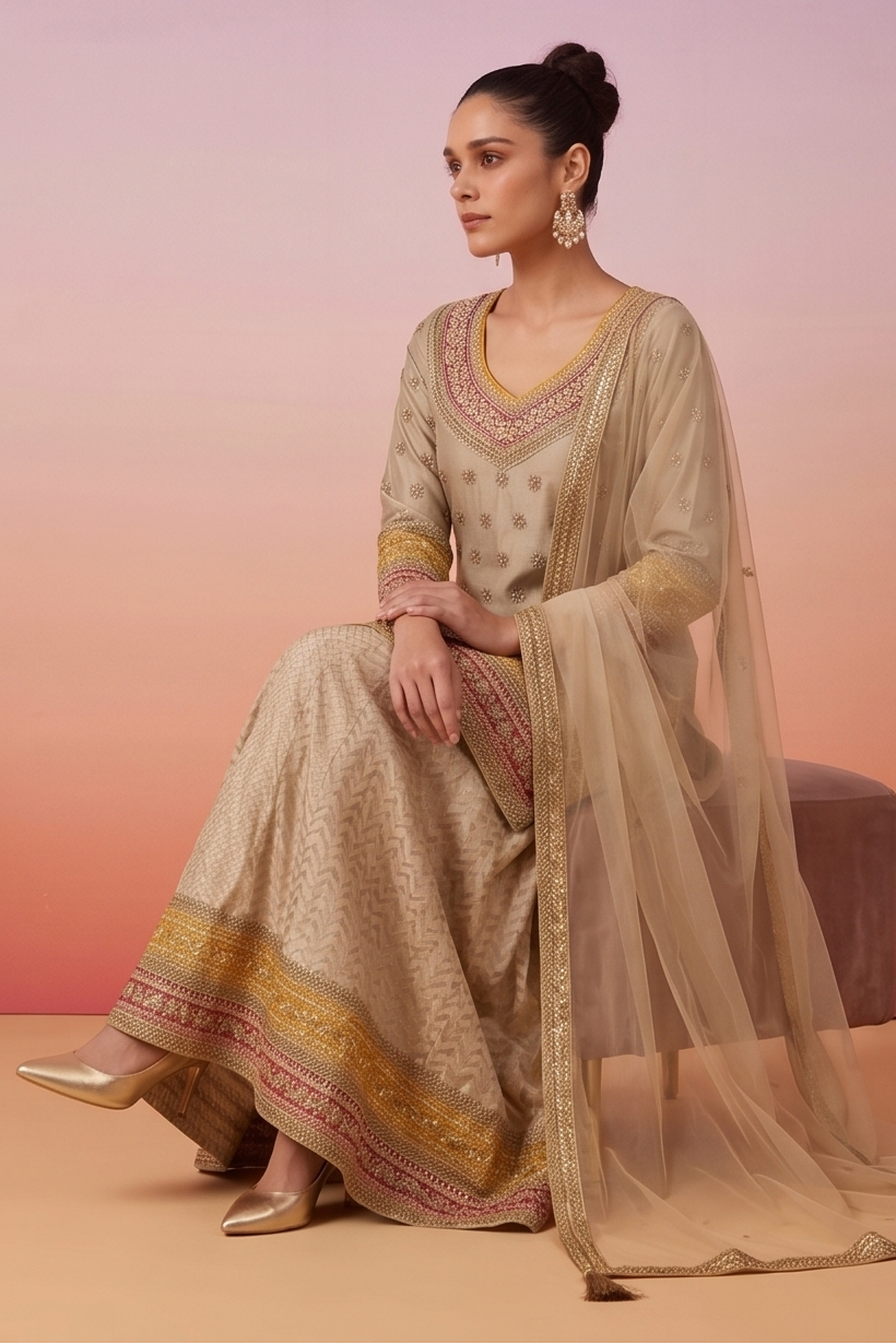 Golden Sand Embellished Premium Silk Skirt Set