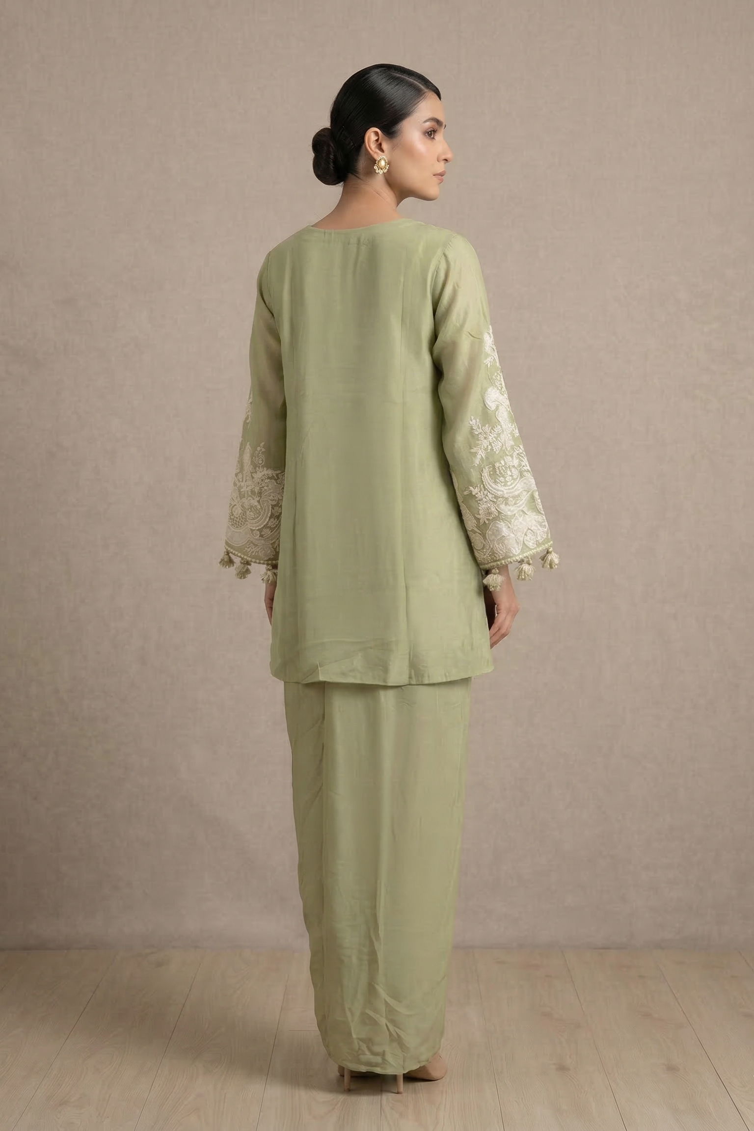 Sage Green Embroidered Raw Silk Draped Skirt Set