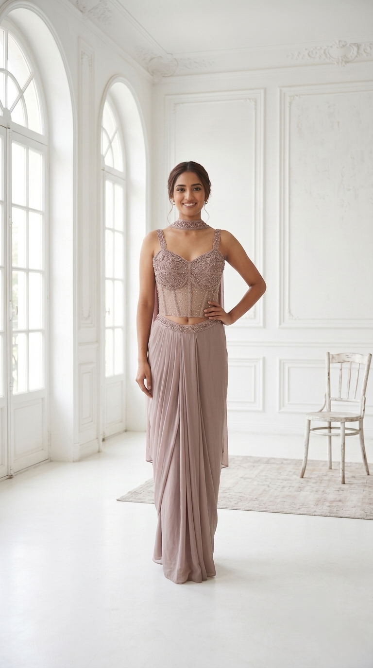 Muted Rose Embellished Crepe Silk Skirt Set