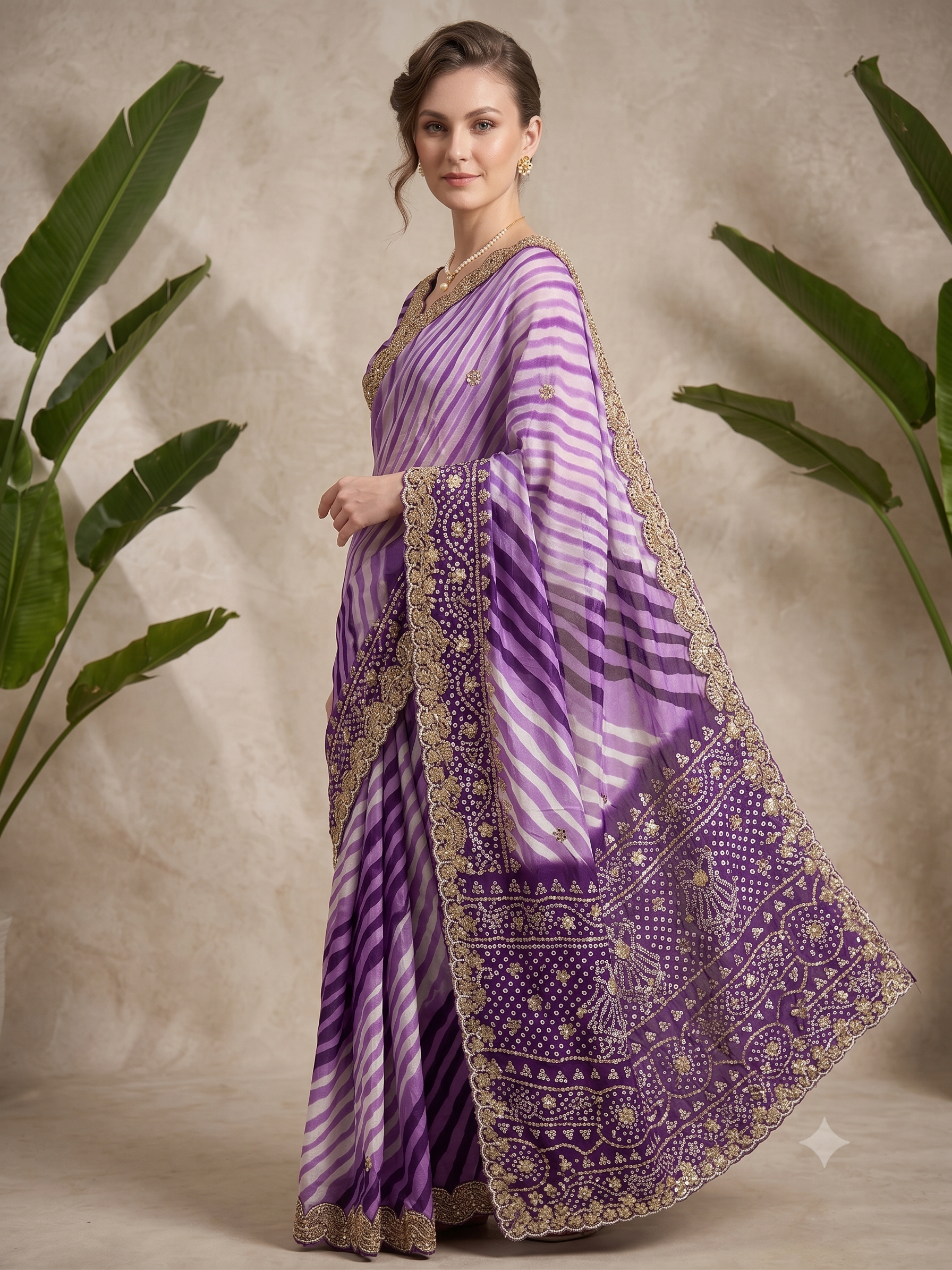 Amethyst Striped Printed Tussar Silk Saree