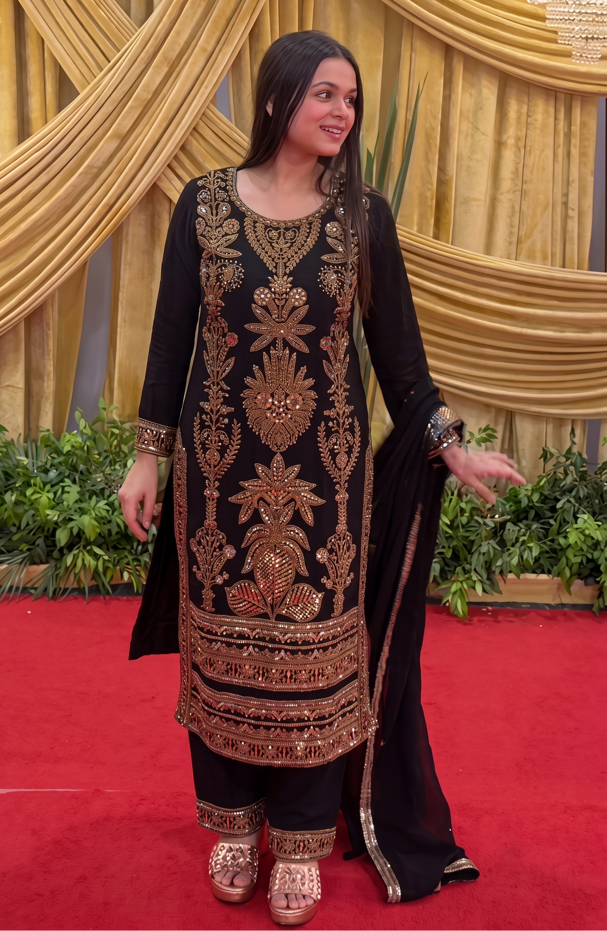 Deep Black Embellished Georgette Silk Pant Set