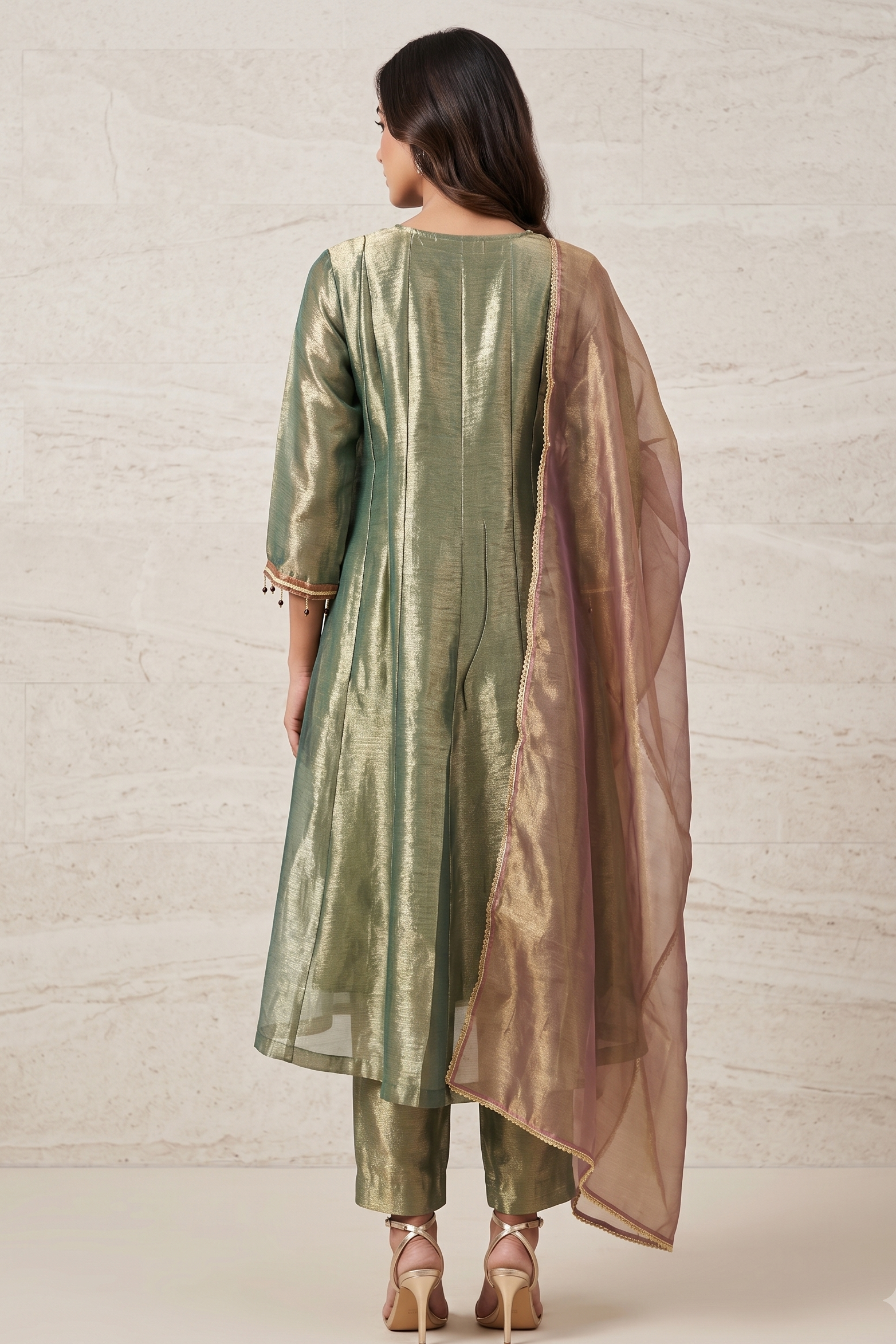 Olive Green Embellished Shimmer Organza Silk Anarkali Set