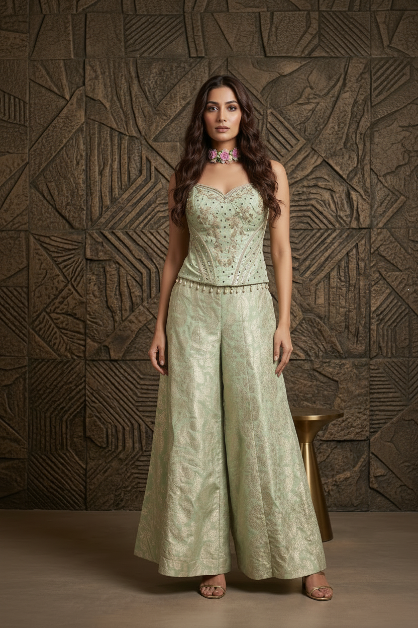 Pista Embellished Banarasi Silk Palazzo Set