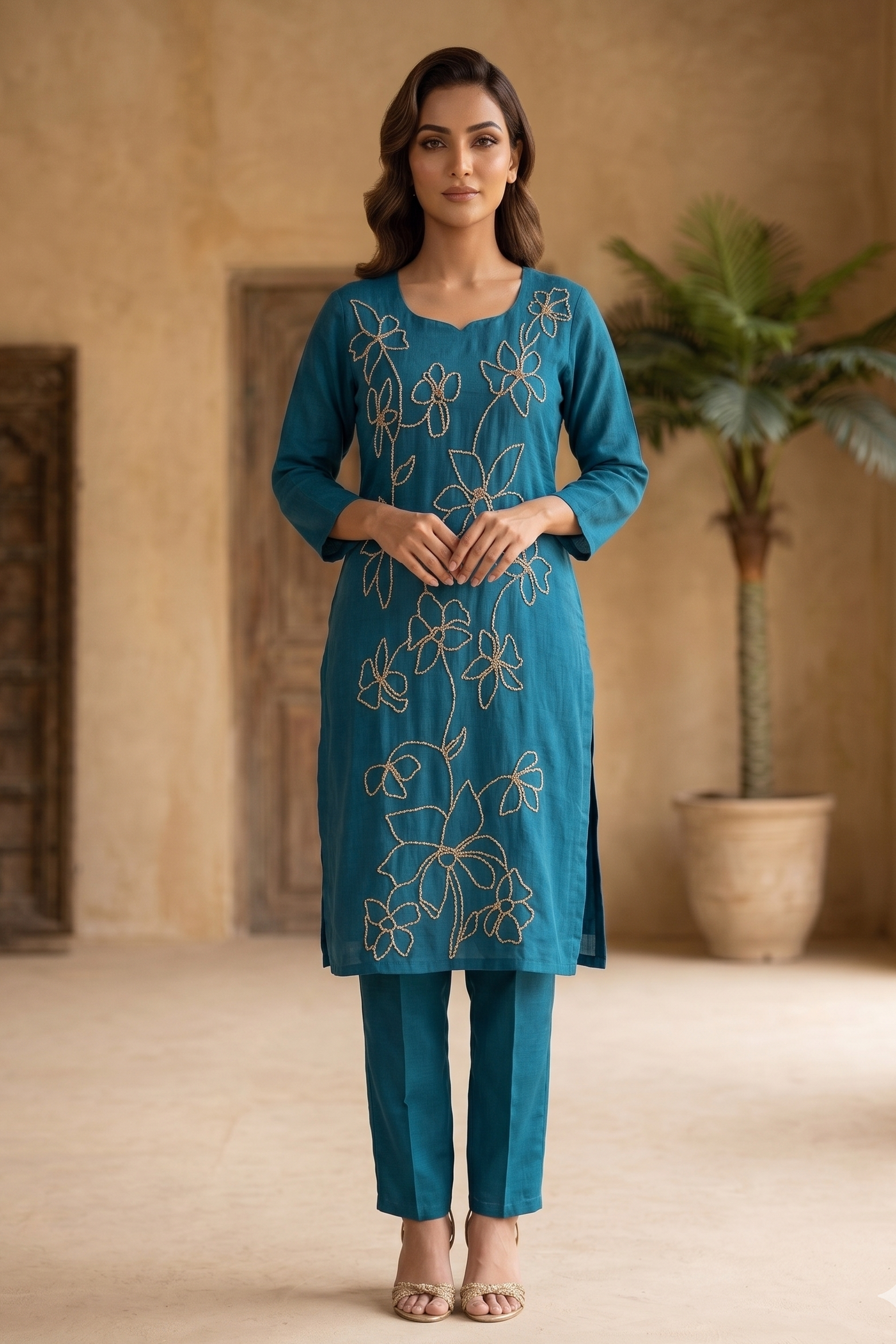 Teal Floral Embellished Georgette Silk Kurta Set